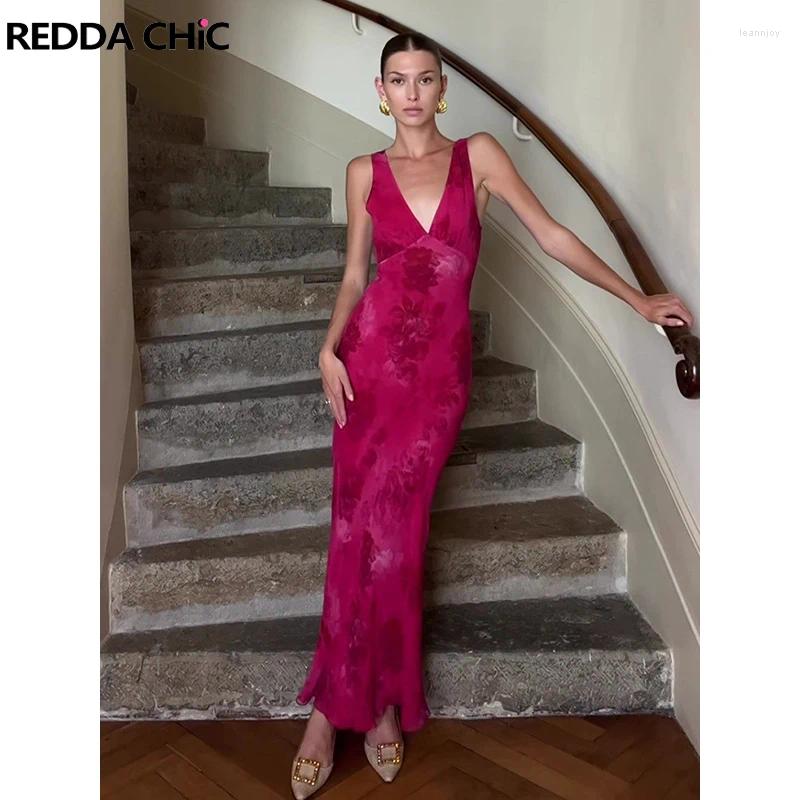 Casual Dresses REDDACHiC Charming Rose Chiffon V-neck Evening Dress Women Sleeveless Floral Print Bandage Maxi Long Tank Prom Party Gown
