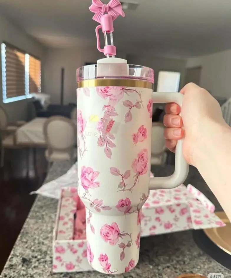 14oz 20oz 40oz TUMBLER Pink Rose Blue Magnolia Mug Holiday Stainless Steel Tumbler with Silicone Handle Lid and Straw Cups Mugs Target water bottles
