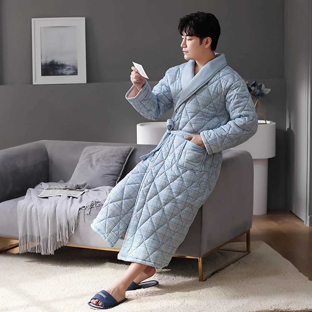 Mens Luxury Plaid Robe Autumn Winter Thick Long Bathrobes Man Cotton Soft Dressing Gown Breathable Kimono Bath Robe Plus Size Y240919