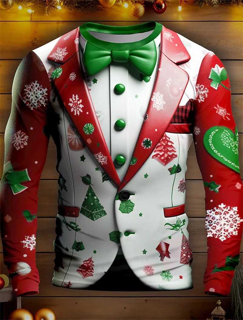 Mens Long Sleeve Tshirts 3D Print Christmas Snowflake Pattern Suit Tee Shirts Tops Streetwear Mens Crew Neck Plus Size T ShirtX240919