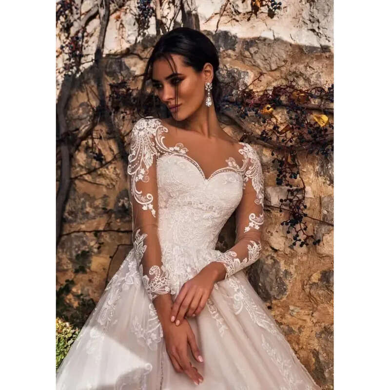 Elegant Sweetheart Dresses A-E Lace Long Illusion Sleeves Sweep Train Wedding Dress Bridal Gowns Vestidos De Novi DHL