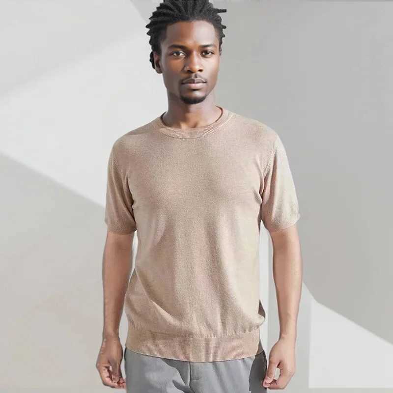 Superfine Merino Wool T Shirt Mens Knitted O-neck Breathable Thin Cashmer Short Sleeve Tee Solid Color knit Tops Sweater Z240919