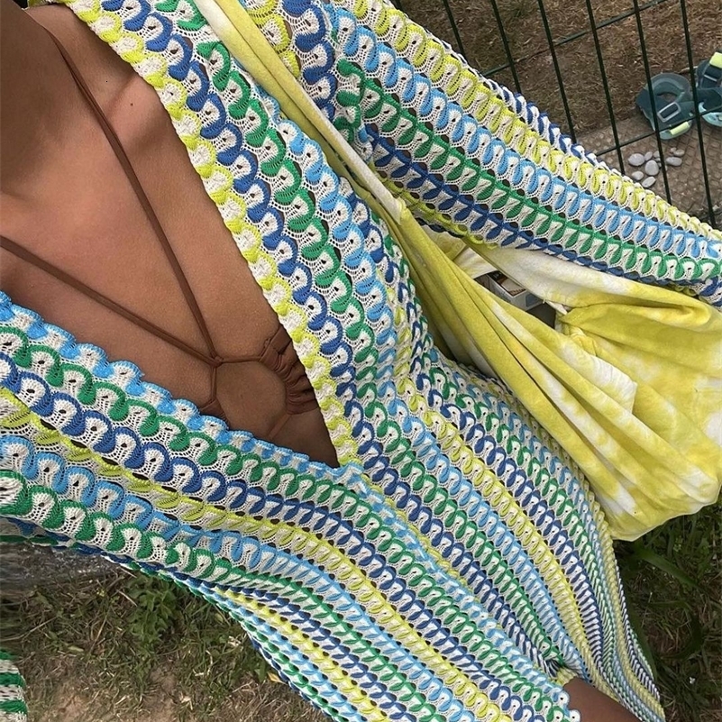 Crochet Colorful Stripe Maxi Dres Flare Sleeve Vneck High Split Sexy Long Dresses 2023 Autumn Beach Banquet Vestidos y240918