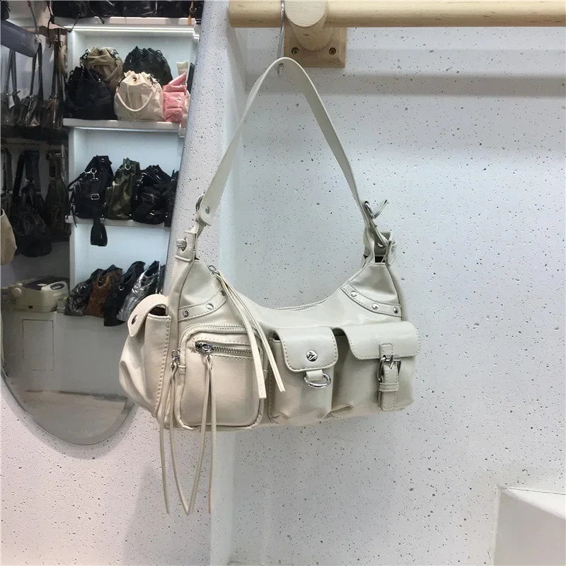 Womens Underarm Spicy Motorcycle Bag Multi-pocket Lychee Pin Tote Bag Single Shoulder Slant Cross 240913