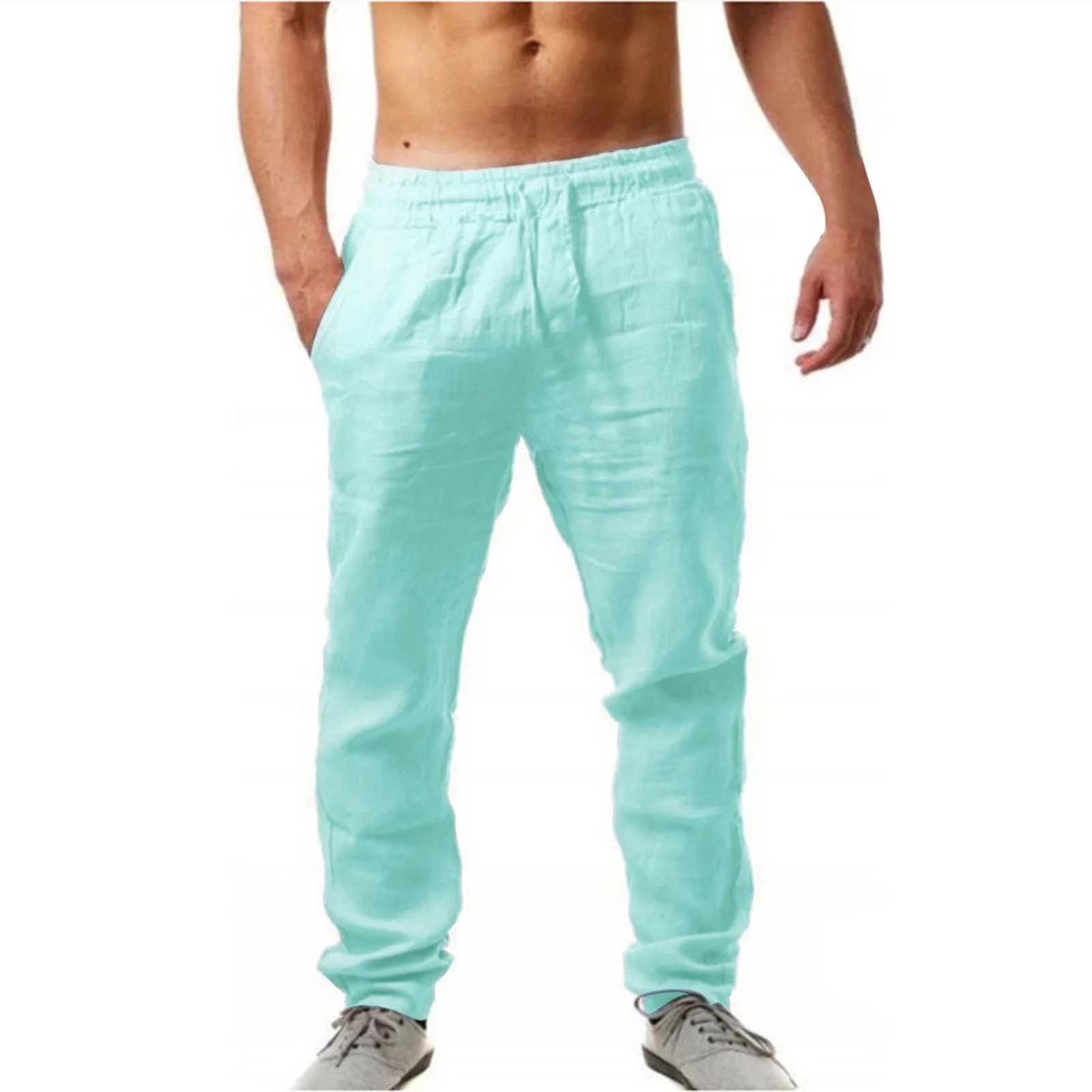 New Mens Cotton Linen Pants Summer Solid Color Breathable Linen Pants Mens Casual Elastic Waist Casual Pants W241009