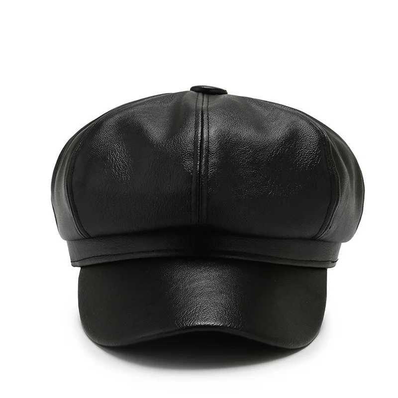 Men PU Leather Berets Hat Retro British Solid Beret Women Baseball Cap Outdoor Sun Hat Winter Warm Octagonal Hats Newsboy CapsX2409