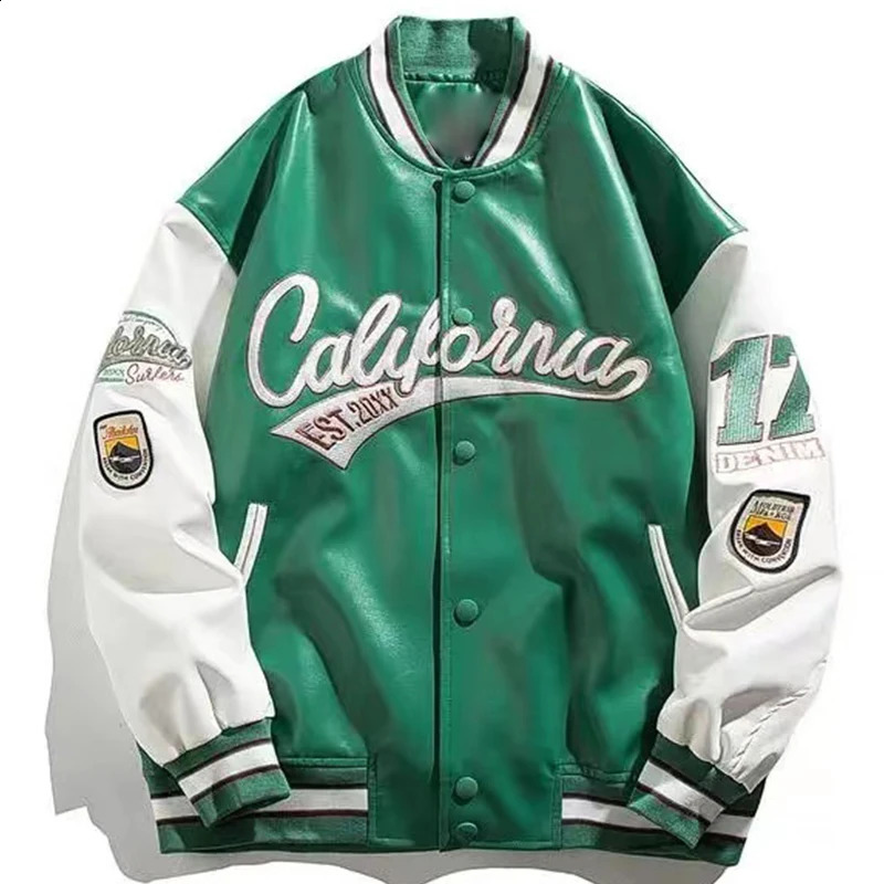 Embroidery Pilot Baseball Jacket Men Hip-Hop Streetwear PU Leather Varsity Bomber Jacket Women Harajuku Loose Coats 240924