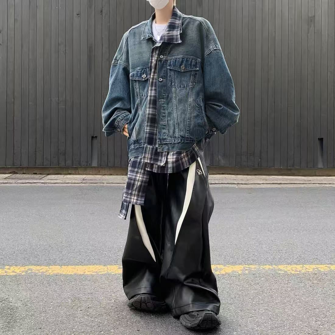 Plaid stitching denim jacket men's autumn tide brand casual loose two-piece tooling jacket