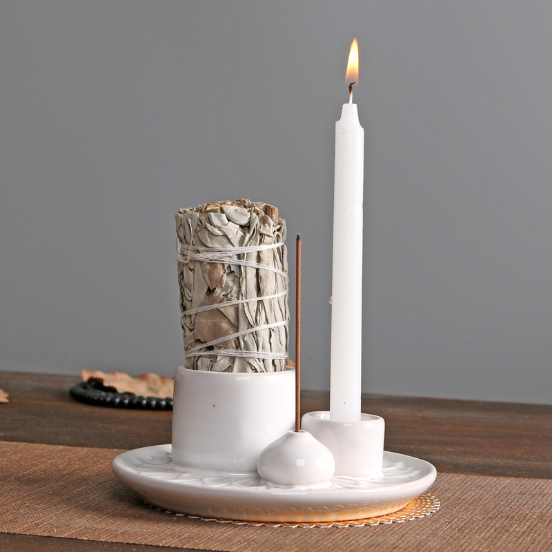 Minimalist Style Ceramic Candle Holder Aromatherapy Stove Cup Atmosphere Decoration Sage Holy Wood Plate
