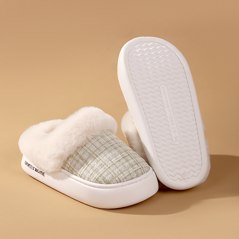 Queey Home Winter Chic Women EVA Flat Non-Slip Furry Fine Grid Pattern Slippers Indoor Outdoor Comfort Cotton slippers