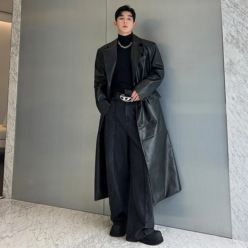 IEFB Autumn Winter Mens Leather Trench Coat Niche PU Wide Shoulder Long Overcoat Double Breasted Windbreaker 9C3216 240919