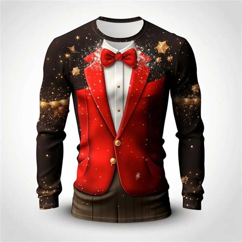 Mens Long Sleeve Tshirts 3D Print Christmas Snowflake Pattern Suit Tee Shirts Tops Streetwear Mens Crew Neck Plus Size T ShirtX240919