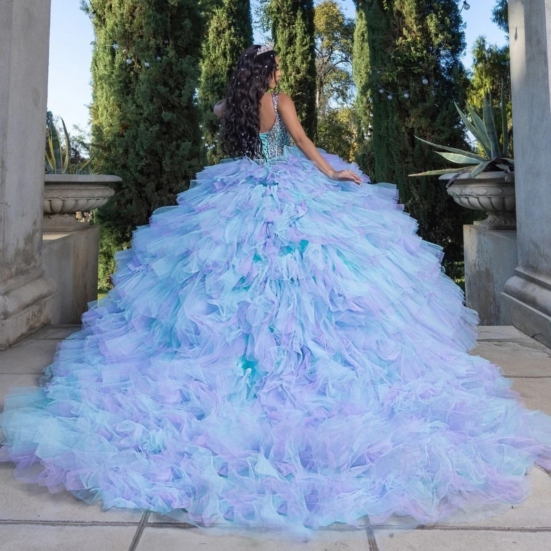 Sky Blue Lilac Quinceanera Dresses Mexican Sweet 16 Birthday Dress Spaghetti Strap Beads Crystal Tiered Tull Ruffle Vestidos 15 Anos