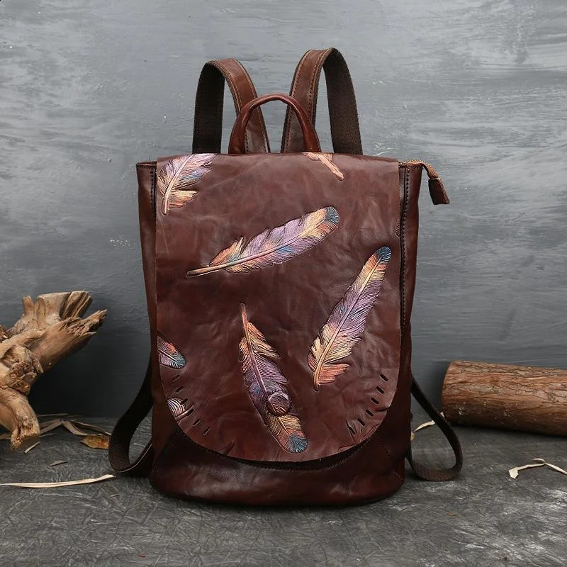 Retro Backpack Genuine Leather Bag For Women Vintage Embossed Cowhide Backpacks Leisure Feather Backpack Ladies 240913
