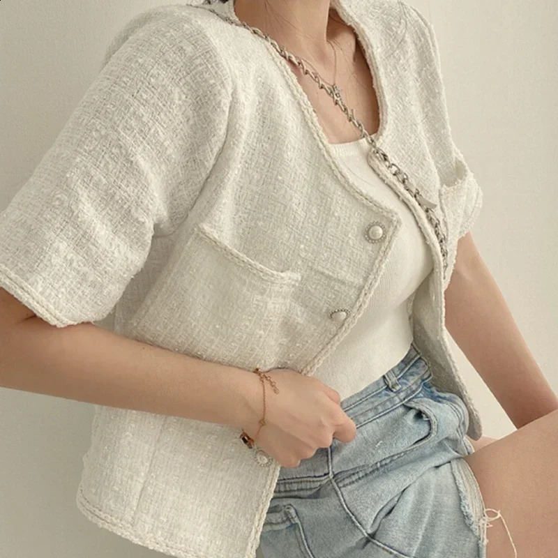 Heliar Womens Single breasted Open cardigan Elegant coarse woolen jacket with pockets womens short sleeved fashionable jacket spring and summer 240919 - view 3