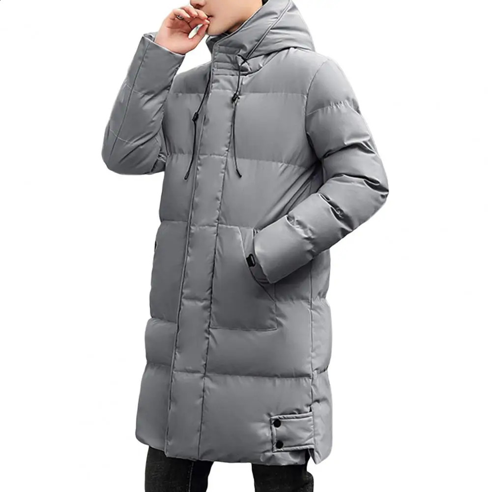 Midi Length Mens Down Coat Hooded Thickened Solid Color Padded Cardigan Keep Warm Zip Up Plus Size Men Winter Coat 240911