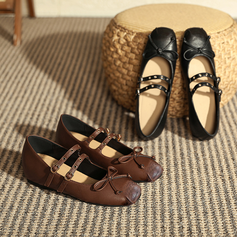 2024 Autumn Retro Brushed Color Square Head with Increased Height Single Shoe Butterfly Bow Mary Jane Single Shoe
