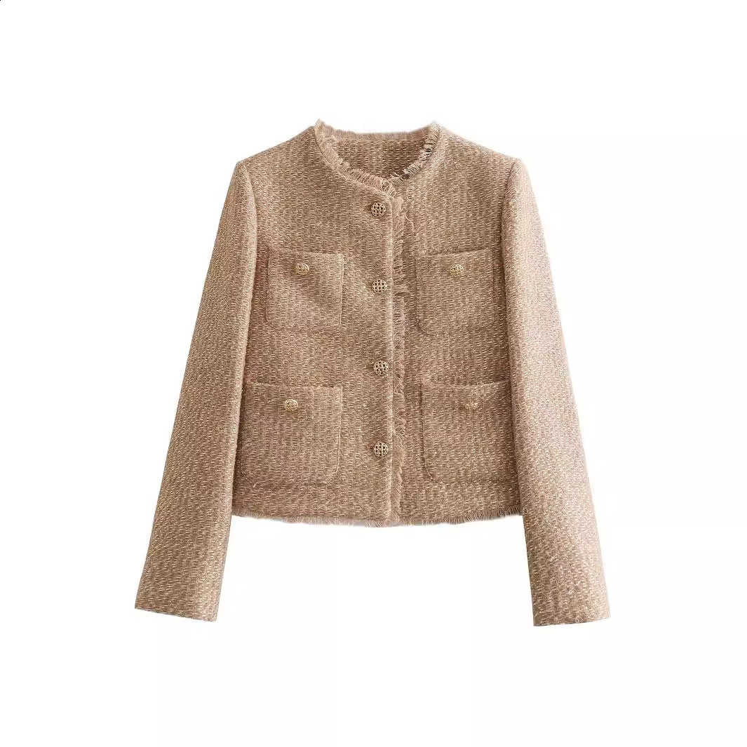 Womens Suits Blazers Autumn Fashion Women Camel Tweed Button Short Jacket Long Sleeve Jackets Frayed Cropped Tops Femininos Y2K Coats 231206