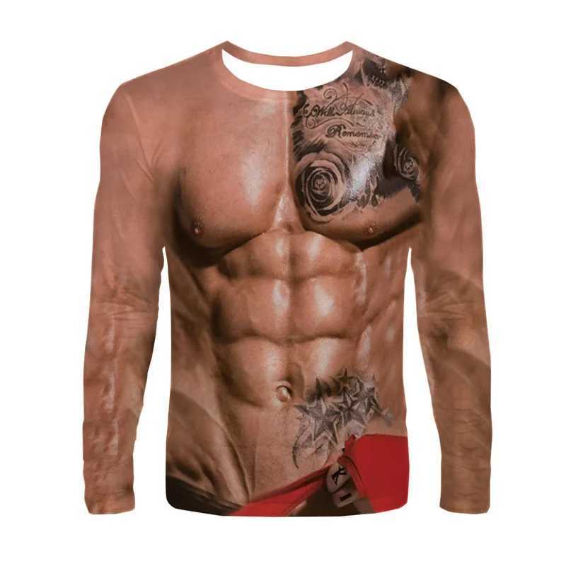 Mens Fake Muscle Graphic T-Shirt 3D Printing Funny Round Neck T Shirt Tops Casual Novelty Pattern Long -Sleeved Tee ShirtsX240919