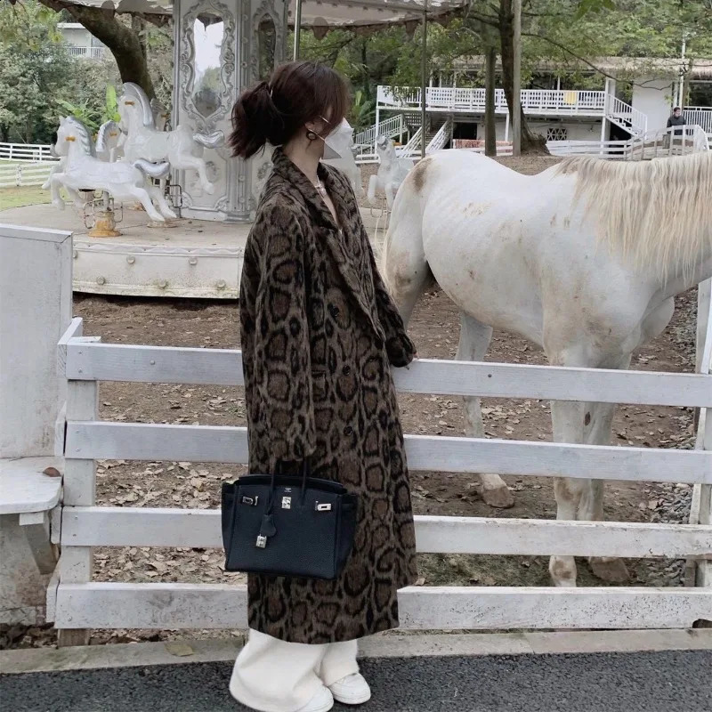 Miiiix Double Breasted Leopard Print Suit Woolen Coat Womens Winter Fashion Loose Jacket Trend Female Clothing 240909
