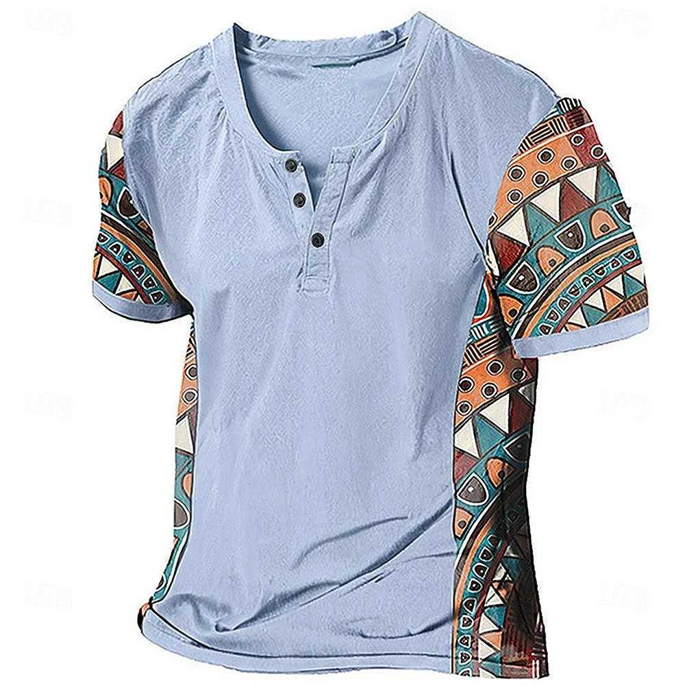 Ethnic Style Tribal 3D Printed Henley Shirts Mens Fashion Vintage Streetwear Button Short Sleeve T Shirt Tees Tops Man Clothing Z240919