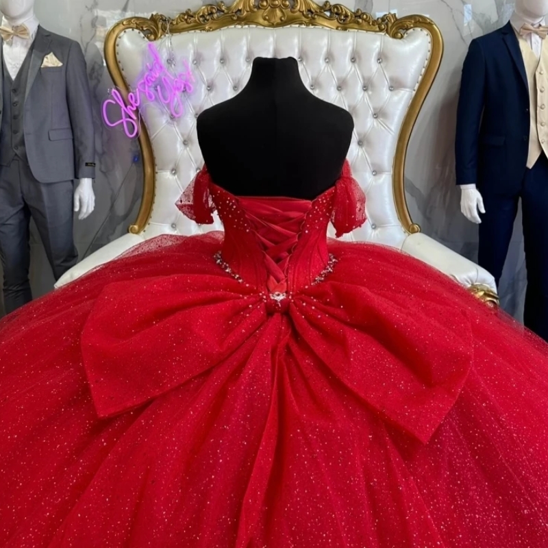 Sparkly Red Princess Quinceanera Dresses Ball Gown 2025 Off Shoulder Corset Beads Crystal Bow Tull vestido de 15 Anos Sweet 16 Dress