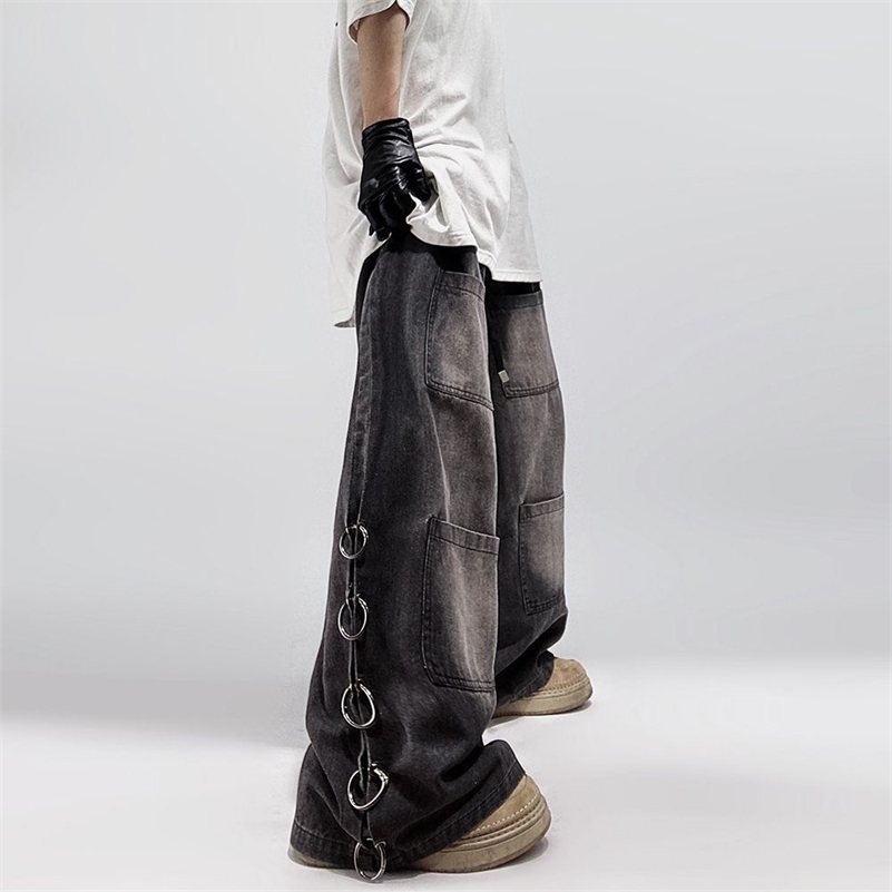 American Style Oversized Pocket Retro Baggy Jeans Men Y2k Hip Hop Punk Wide Leg Straight Overalls Black Denim Pants Streetwear 240918