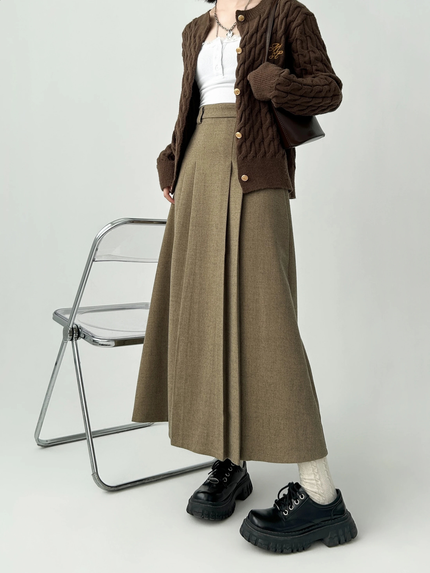 Womens A-line black pleated skiing retro 90s aesthetics Y2k gray long leather Harajuku Korean skiing 2000s clothing 240919