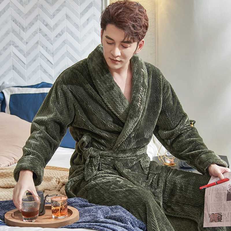 Extra Long Coral Fleece Robe Men Thick Big Yards M-XXXL Winter Kimono Homme Peignoir Bathrobe Warm Robes Pajamas Males Bathrobe Y240919