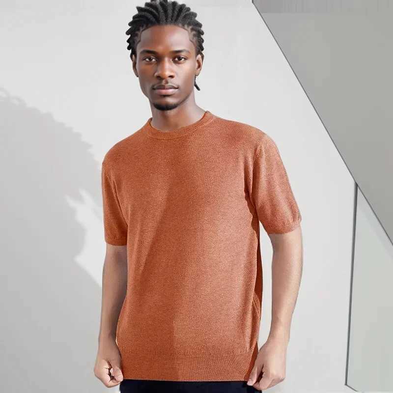 Superfine Merino Wool T Shirt Mens Knitted O-neck Breathable Thin Cashmer Short Sleeve Tee Solid Color knit Tops Sweater Z240919