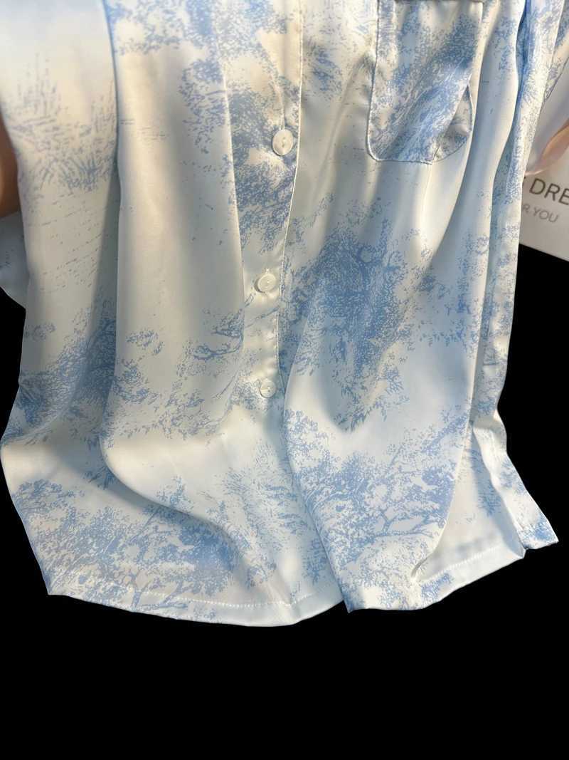 Korean fashion sleepwear synthetic satin nightwear 2-piece sleepwear casual sleepwear set with shorts soft and smooth ink painting set W240919