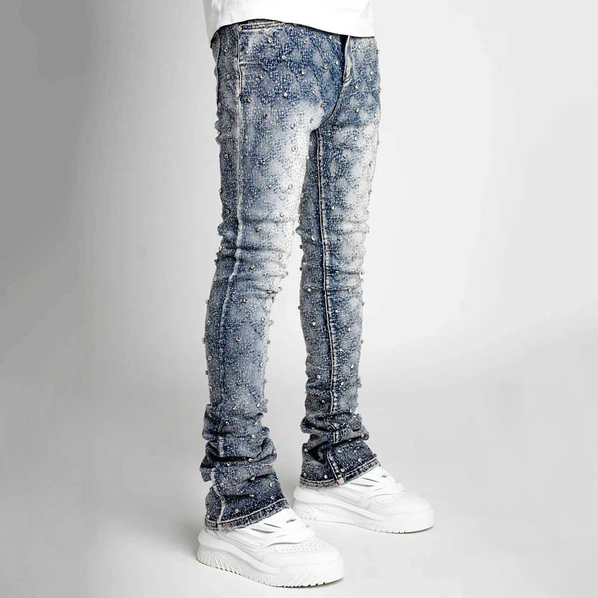 Men's Pants Elastic Pearl Mens Tight Jeans 2024 New Fashion Rhinestone European Street Personalized Stacked Jeans J240830