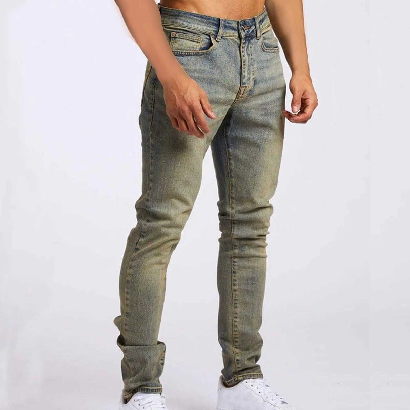 Mens tight elastic open top tapered leg jeans light blue large and tall mens E-sport retro slim fit W240919