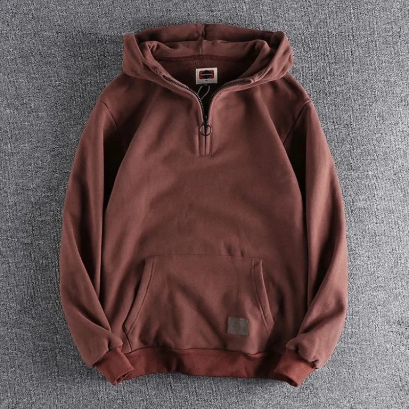 Mens black half zipper mens sports shirt warm hooded sweatshirt solid hooded wool Y2k retro high-quality Korean loose fit 240918