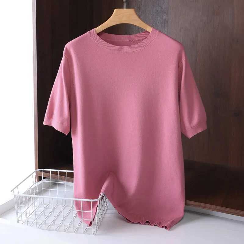Superfine Merino Wool T Shirt Mens Knitted O-neck Breathable Thin Cashmer Short Sleeve Tee Solid Color Tops Z240919