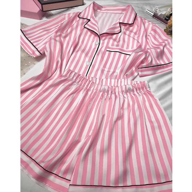 Womens sleepwear set summer 2-piece short sleeved top and shorts synthetic silk satin soft stripe printed home clothes W240919