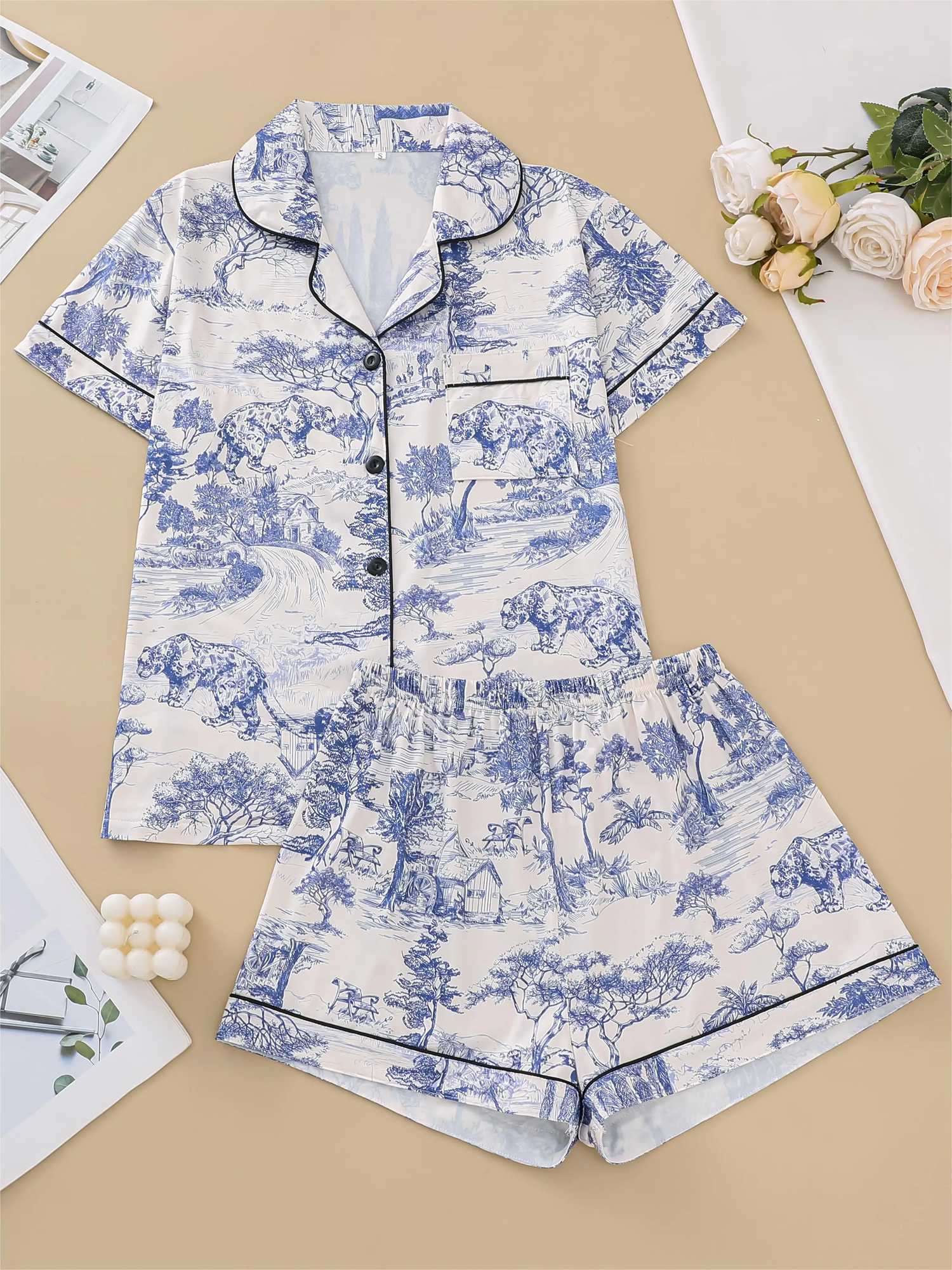 Natural animal print pajama set with comfortable short sleeved lapel top and elastic waistband shorts W240919