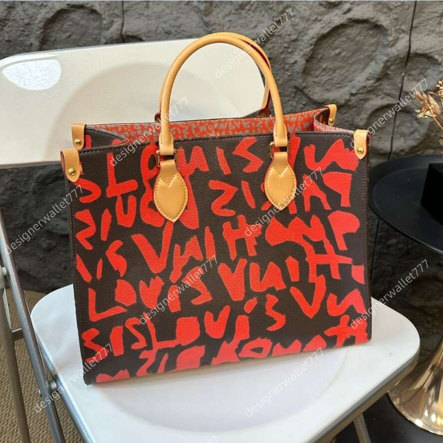 10A Luxury womens tote bag ladies letter graffiti onthe go women designer handbag pink orange fashion leather crossbody shoulder Bag purse high quality