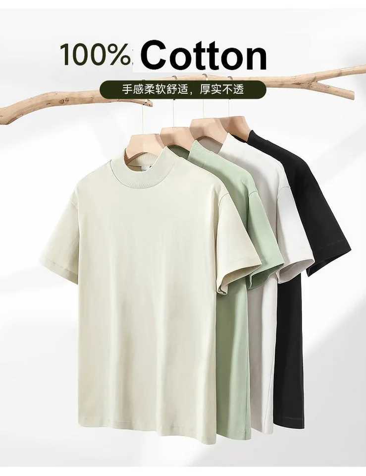 300gsm Thick Small Neck 100% Cotton Oversize Heavy Weight T-shirt for Men Short Sleeve Solid Color Leisure Streetwear Large Size Z240919