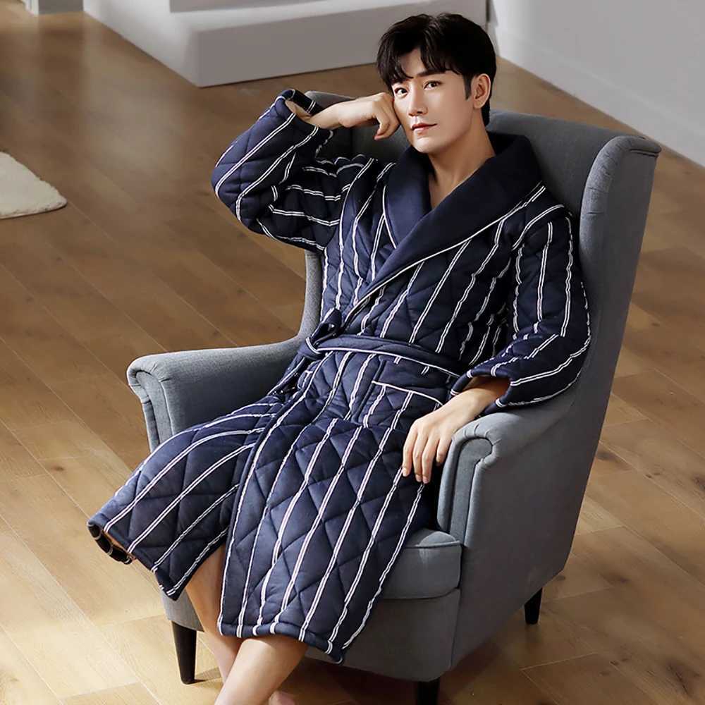 Mens Luxury Plaid Robe Autumn Winter Thick Long Bathrobes Man Cotton Soft Dressing Gown Breathable Kimono Bath Robe Plus Size Y240919