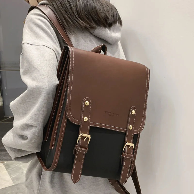 Retro Fashion Womens Backpack Pu Leather University School Backpack Teen Girls Simple er Shoulder Bag 240918