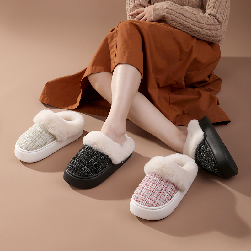 Queey Home Winter Chic Women EVA Flat Non-Slip Furry Fine Grid Pattern Slippers Indoor Outdoor Comfort Cotton slippers