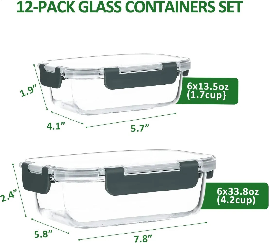 12 Pack Glass Meal Preparation Container Set with Lock Lid Airtight Lunch Microwave Oven Grey 240919
