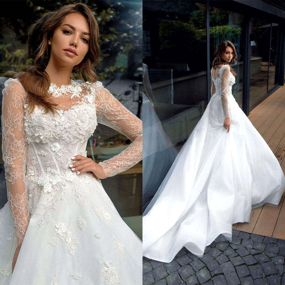 Wedding Dresses A-E O-Neck Appliques Lace Sleeve Or-Length Long Bridal Gown Vestido De Novia Custom Made 0228Lz
