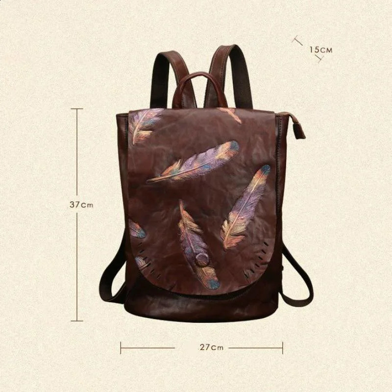 Retro Backpack Genuine Leather Bag For Women Vintage Embossed Cowhide Backpacks Leisure Feather Backpack Ladies 240913