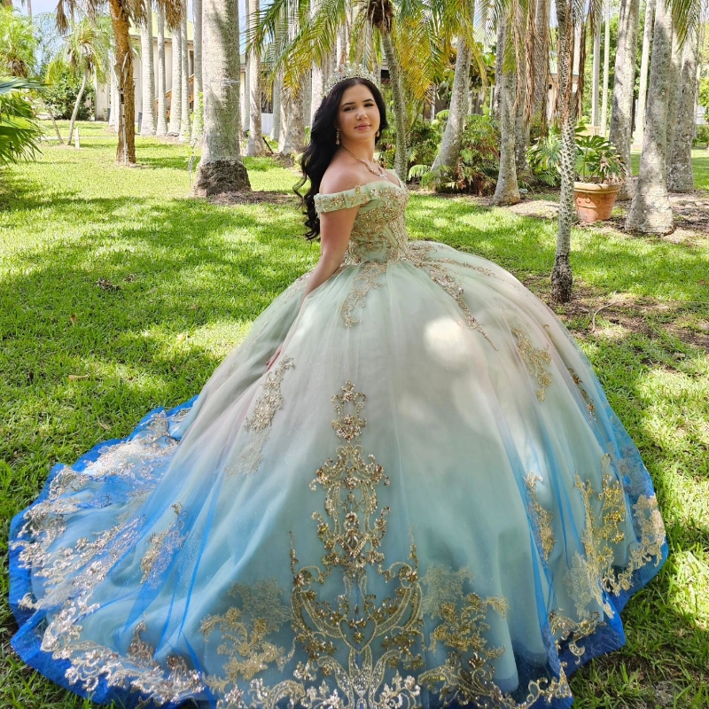 Light Sage Green Blue Quinceanera Dresses Ball Gown Lace Applique Beading Tull Corset Sweet 16 Dress Vestidos De 15 Anos