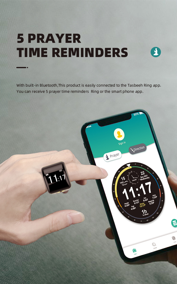 Mizean Smart Ring Tasbih Tally Counter for Muslims Ring Digital Tasbeeh 5 Prayer Time Vibration Reminder Waterproof Bluetooth Subhan Allah Comfortable