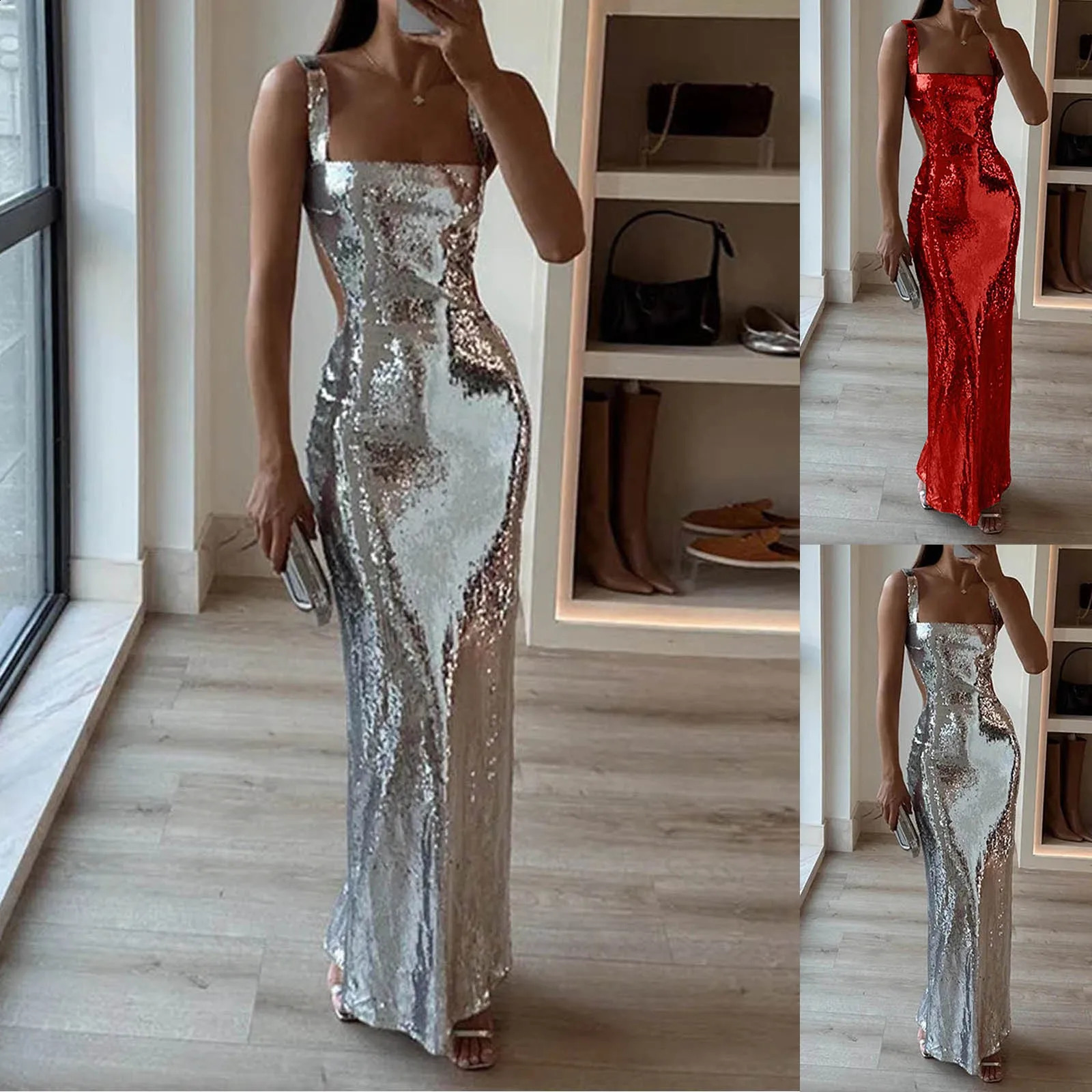Woman Fashion Silver Sequin Halter Sheath Light Evening Long Dinner Dress - Sexy French Style C260312