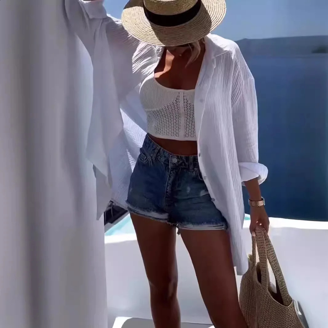 Flip collar long sleeved cotton linen casual fashion shirt loose and oversized summer outfit for women Korean spring white 240919