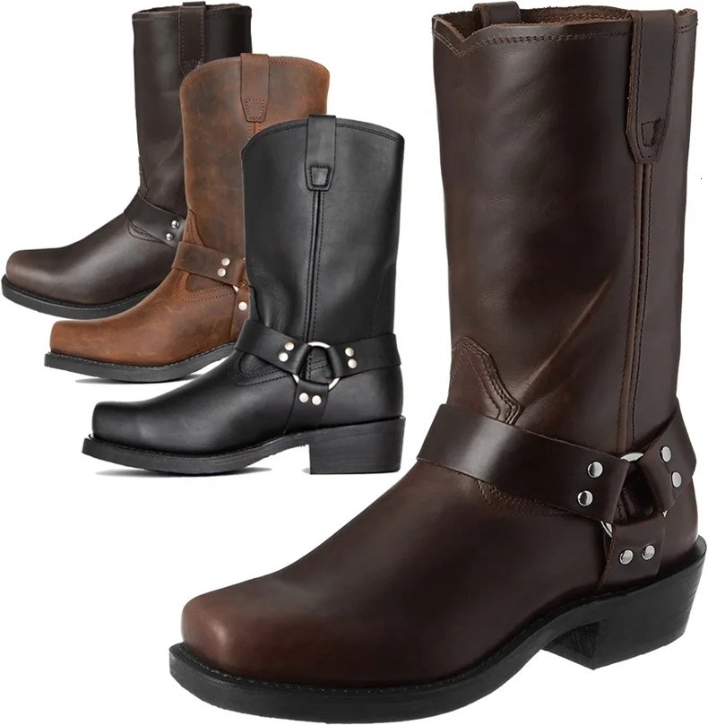 Retro cowboy boots mens mid to small leg western Pu leather skate boots mens winter knight boots 240919